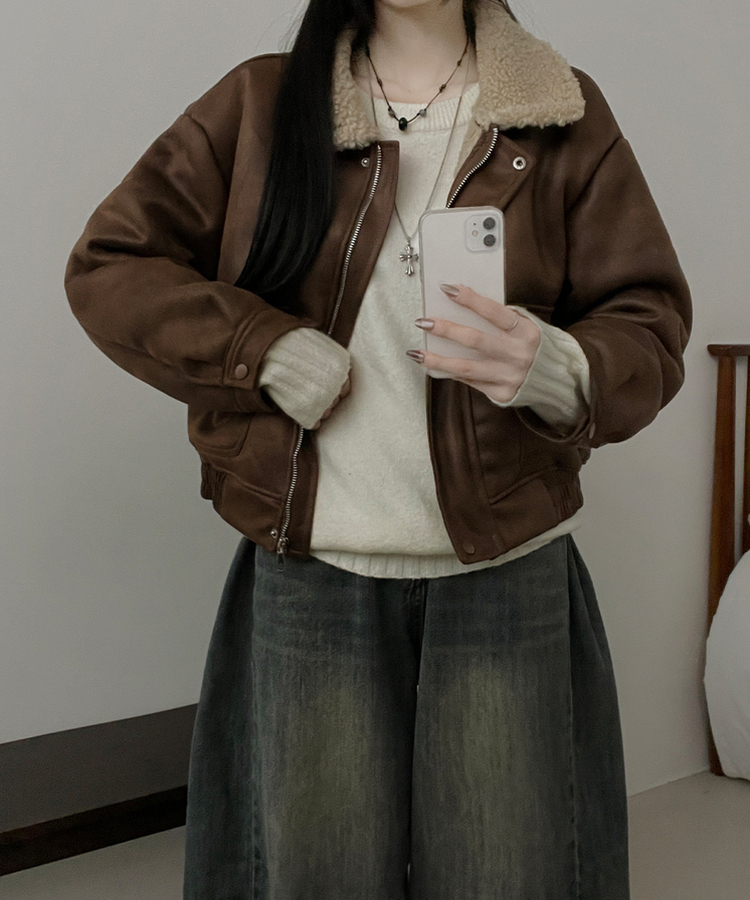 초코브라운스웨이드레더양털카라무스탕자켓점퍼 브라운