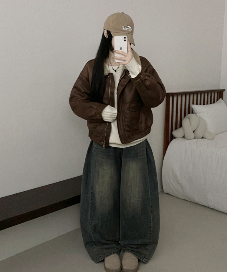 초코브라운스웨이드레더양털카라무스탕자켓점퍼 브라운