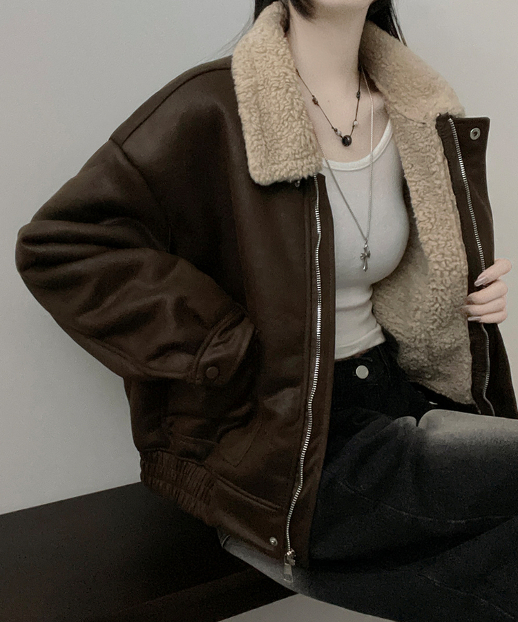 초코브라운스웨이드레더양털카라무스탕자켓점퍼 그린