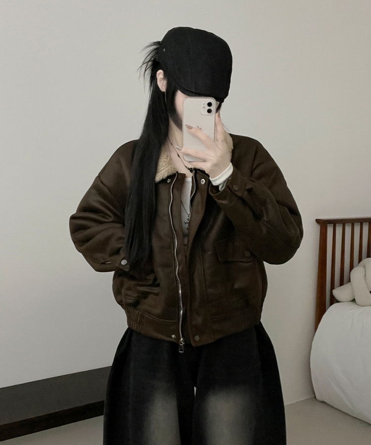 초코브라운스웨이드레더양털카라무스탕자켓점퍼 그린