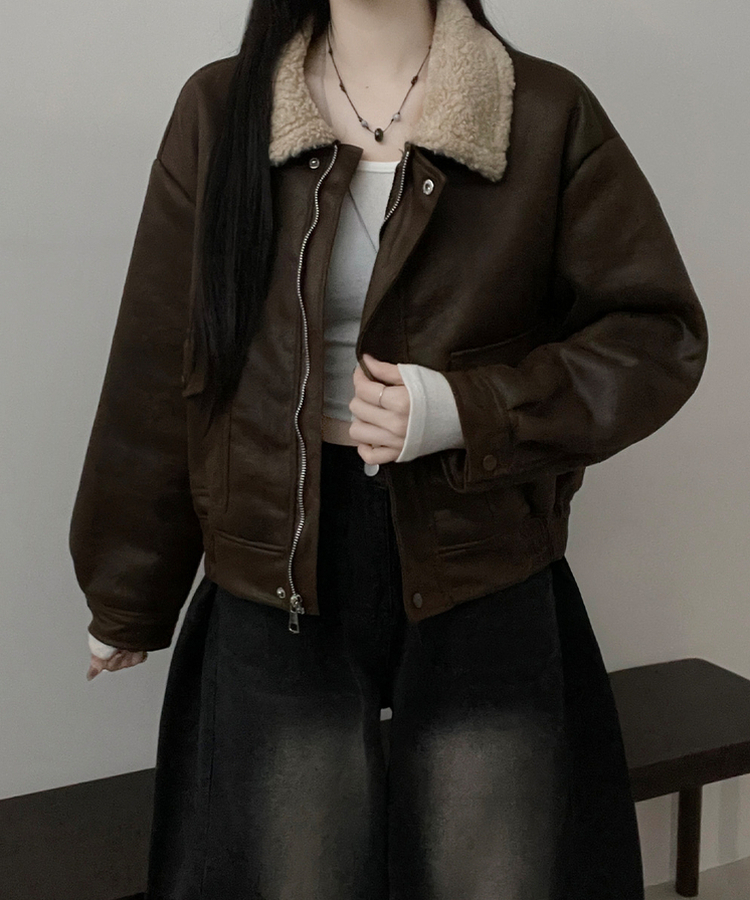 초코브라운스웨이드레더양털카라무스탕자켓점퍼 그린