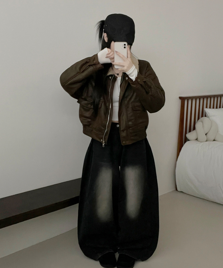 초코브라운스웨이드레더양털카라무스탕자켓점퍼 그린