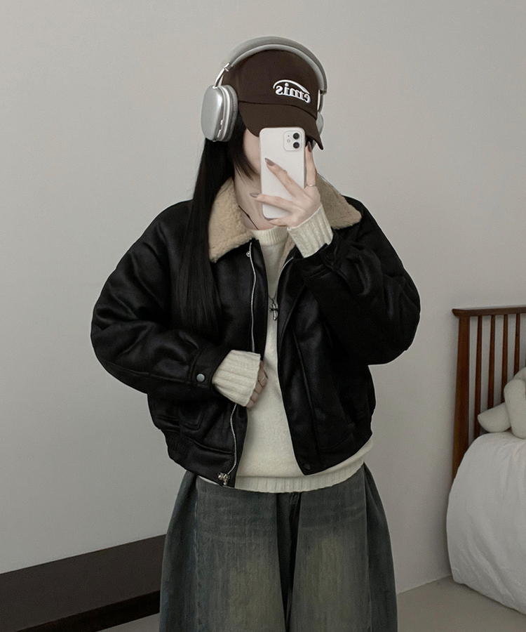 초코브라운스웨이드레더양털카라무스탕자켓점퍼 블랙