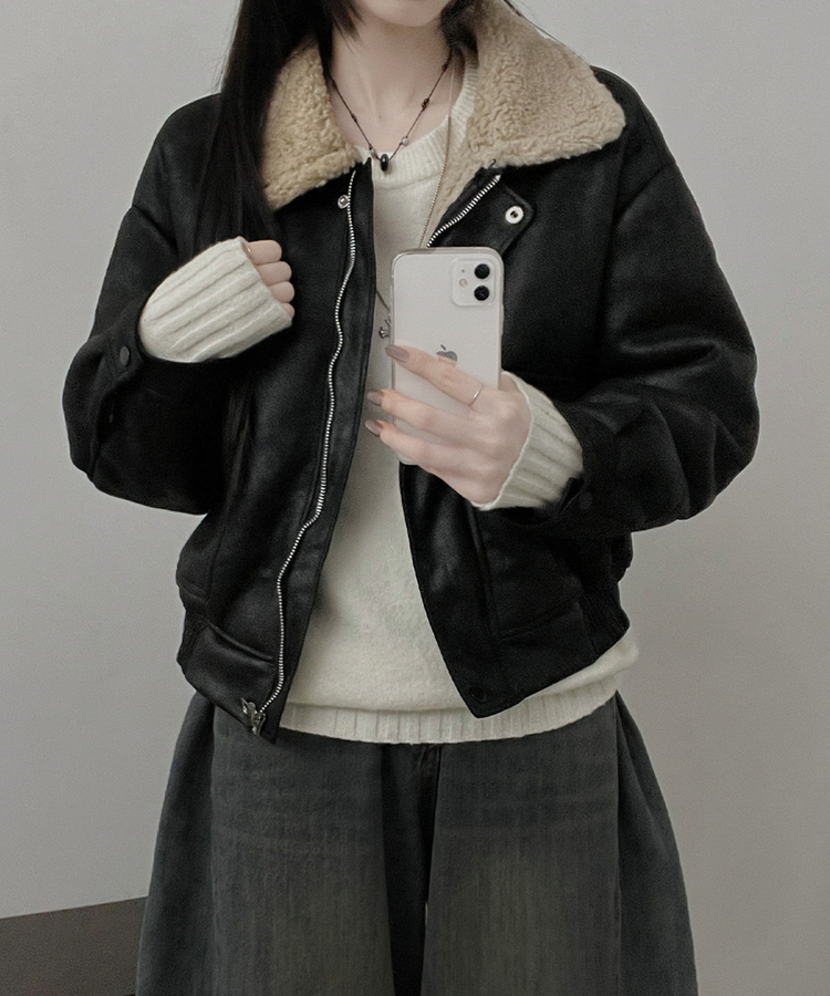 초코브라운스웨이드레더양털카라무스탕자켓점퍼 블랙