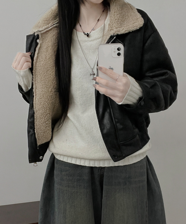 초코브라운스웨이드레더양털카라무스탕자켓점퍼 블랙