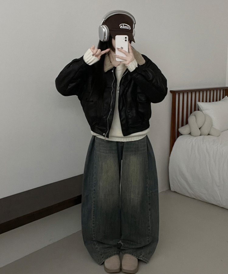 초코브라운스웨이드레더양털카라무스탕자켓점퍼 블랙