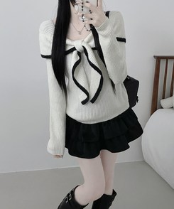 프릴배색리본오프숄더긴팔니트 화이트