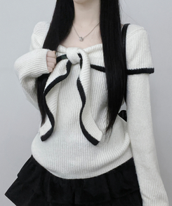 프릴배색리본오프숄더긴팔니트 화이트