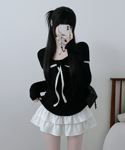 프릴배색리본오프숄더긴팔니트 블랙