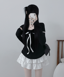 프릴배색리본오프숄더긴팔니트 블랙