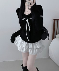 프릴배색리본오프숄더긴팔니트 블랙