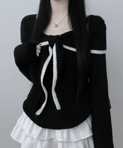 프릴배색리본오프숄더긴팔니트 블랙