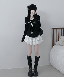 프릴배색리본오프숄더긴팔니트 블랙