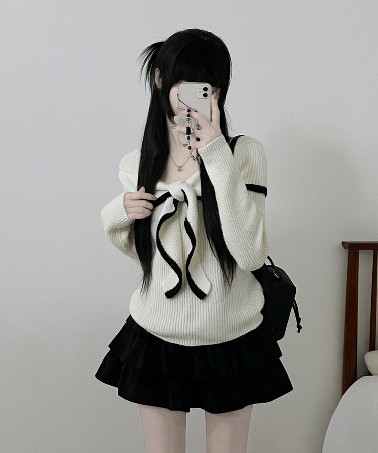 프릴배색리본오프숄더긴팔니트 화이트