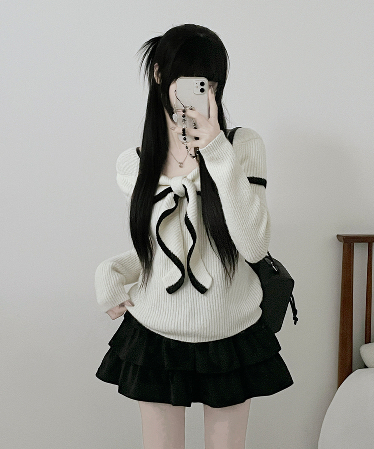 프릴배색리본오프숄더긴팔니트 화이트