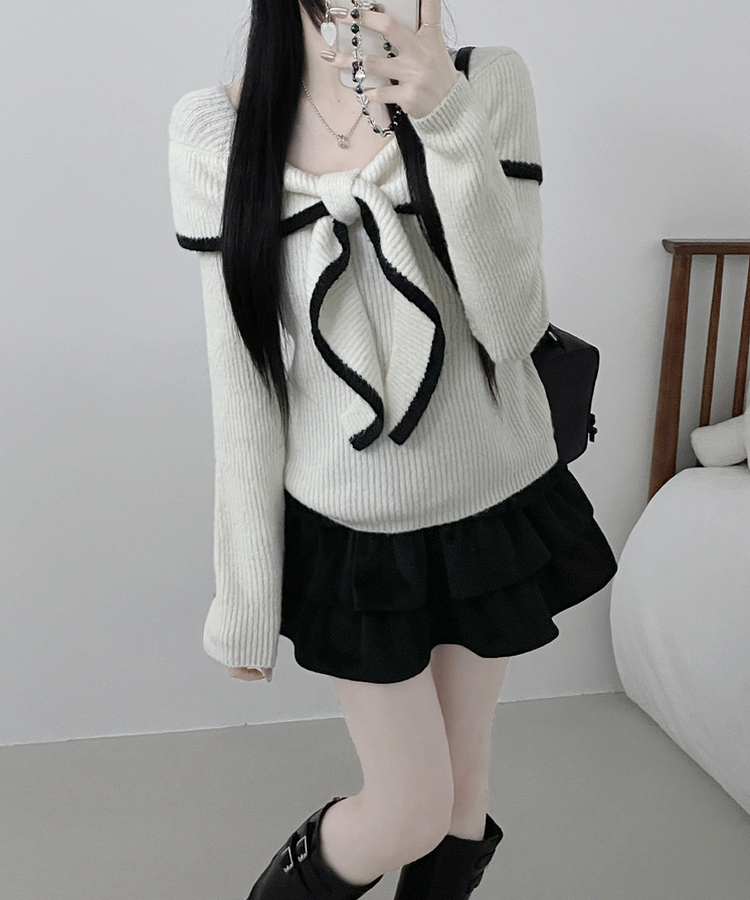 프릴배색리본오프숄더긴팔니트 화이트