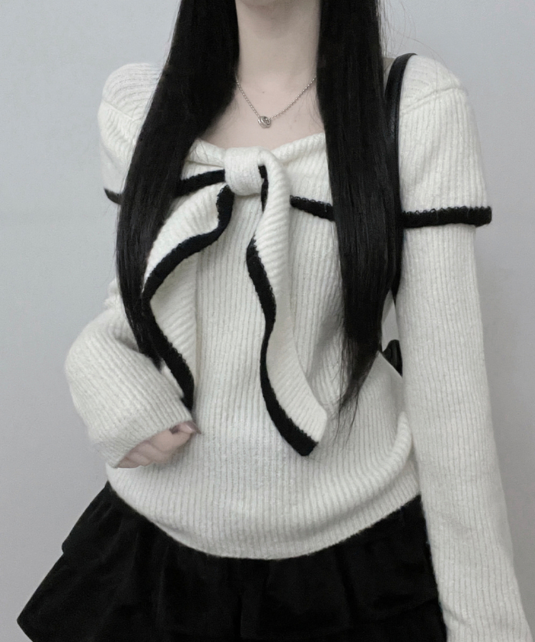 프릴배색리본오프숄더긴팔니트 화이트