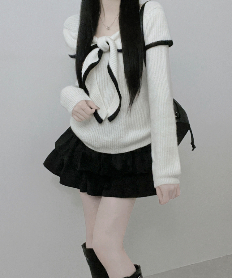 프릴배색리본오프숄더긴팔니트 화이트