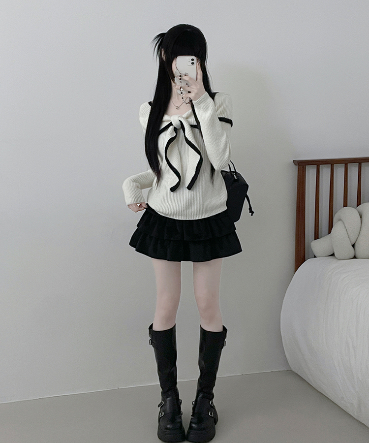 프릴배색리본오프숄더긴팔니트 화이트