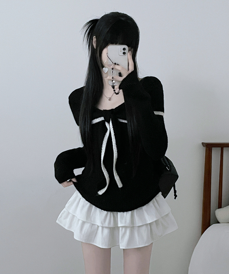 프릴배색리본오프숄더긴팔니트 블랙