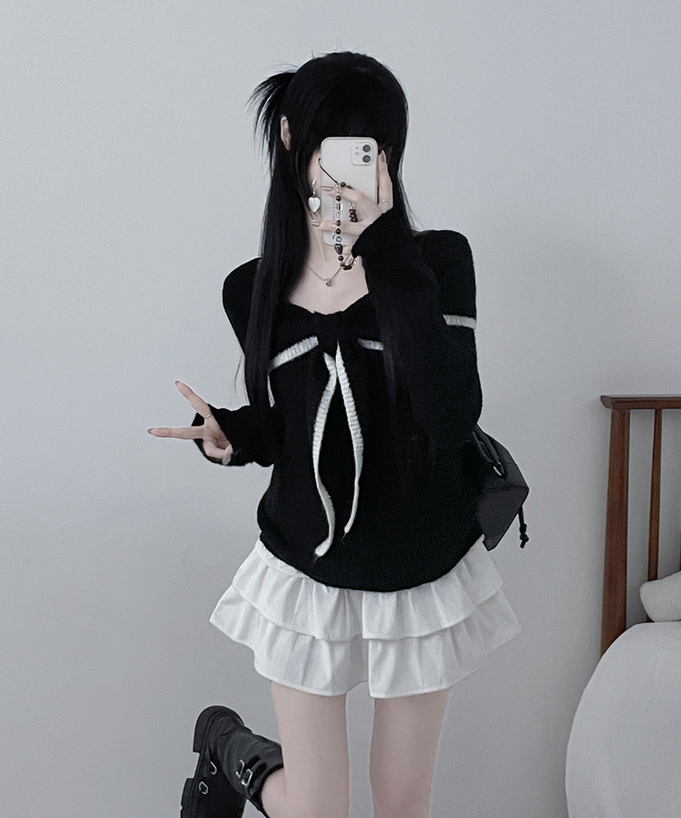 프릴배색리본오프숄더긴팔니트 블랙