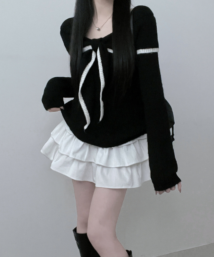 프릴배색리본오프숄더긴팔니트 블랙