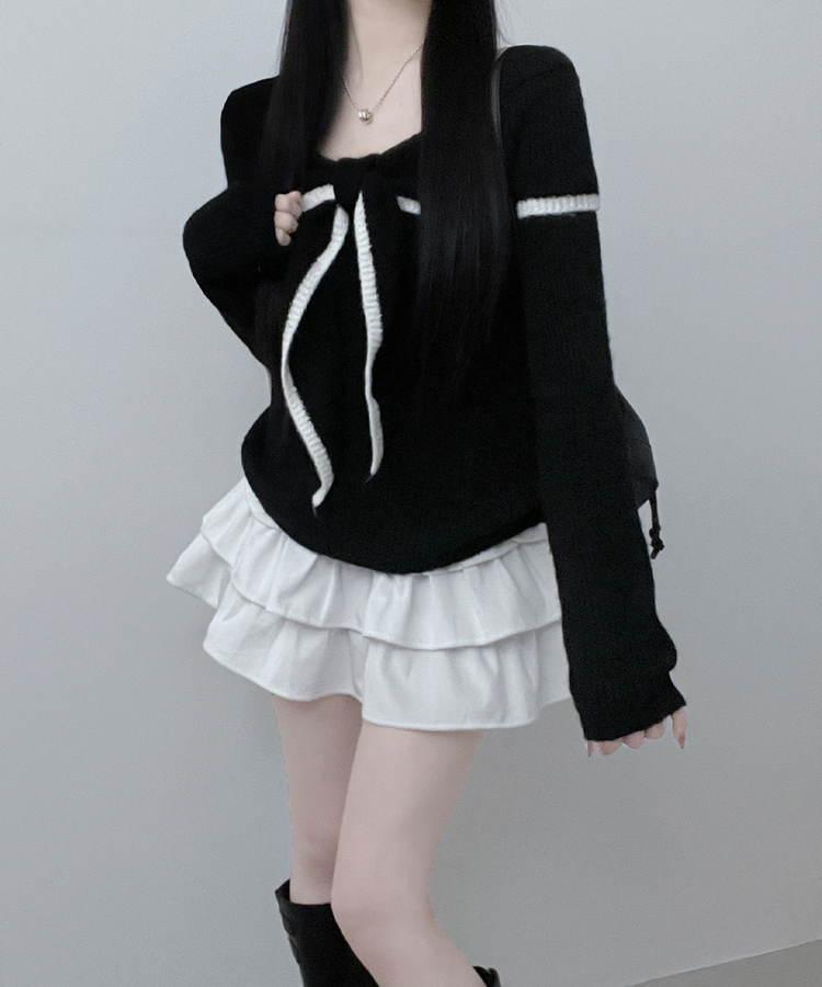 프릴배색리본오프숄더긴팔니트 블랙