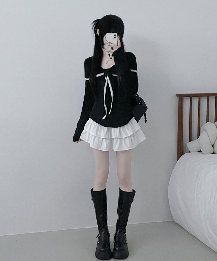 프릴배색리본오프숄더긴팔니트 블랙