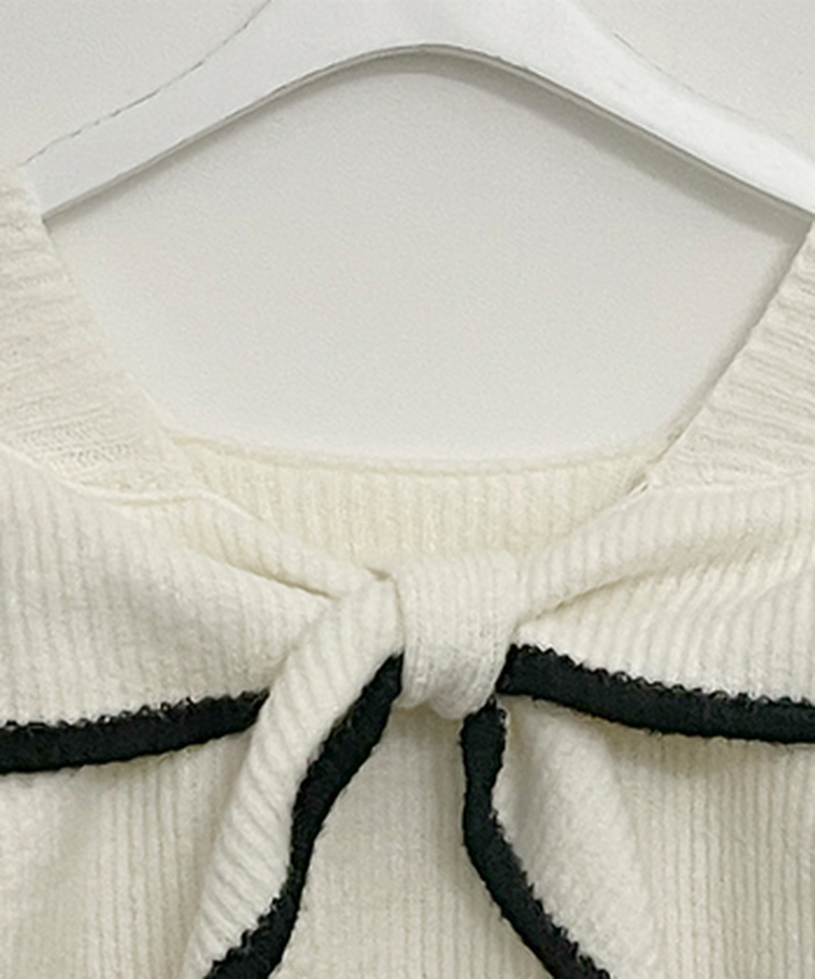 프릴배색리본오프숄더긴팔니트