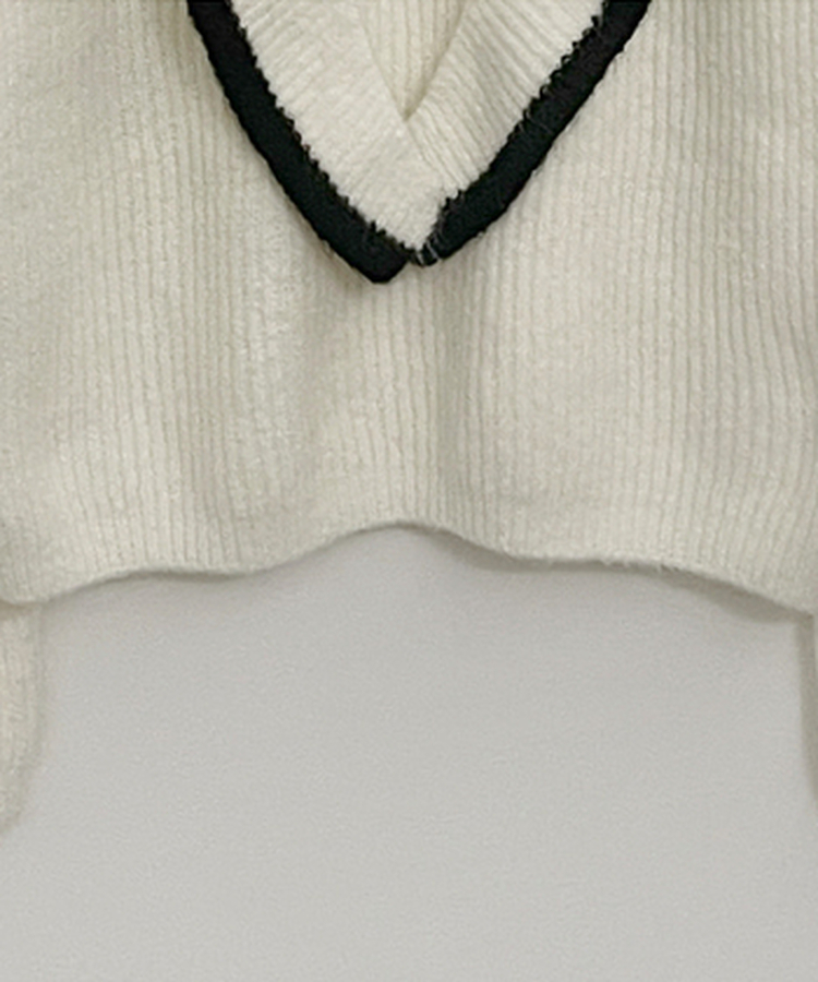 프릴배색리본오프숄더긴팔니트