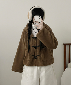 베이글양털뽀글이떡볶이후드무스탕숏자켓점퍼 베이지