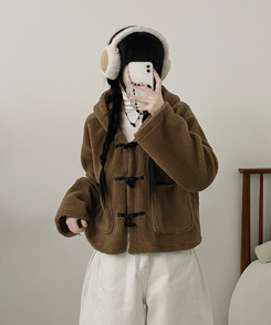 베이글양털뽀글이떡볶이후드무스탕숏자켓점퍼 베이지