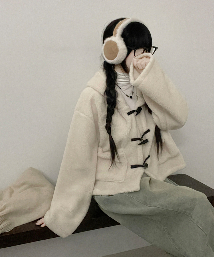 베이글양털뽀글이떡볶이후드무스탕숏자켓점퍼 아이보리