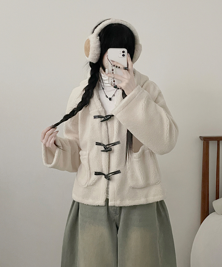 베이글양털뽀글이떡볶이후드무스탕숏자켓점퍼 아이보리