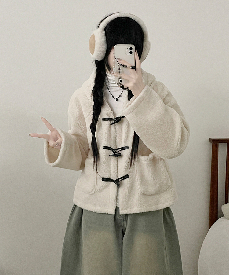 베이글양털뽀글이떡볶이후드무스탕숏자켓점퍼 아이보리