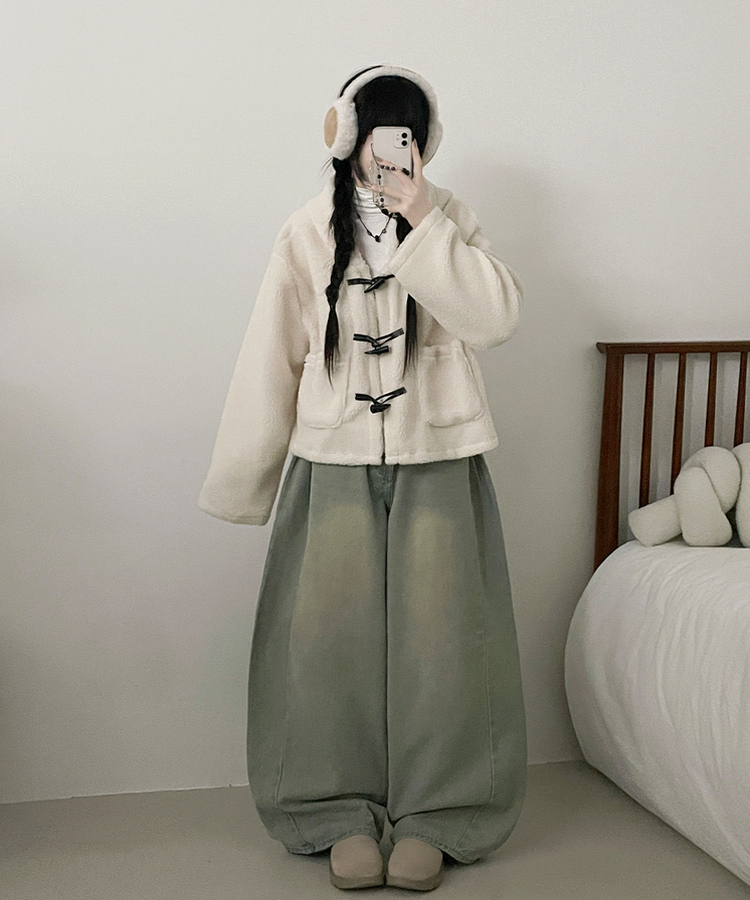 베이글양털뽀글이떡볶이후드무스탕숏자켓점퍼 아이보리