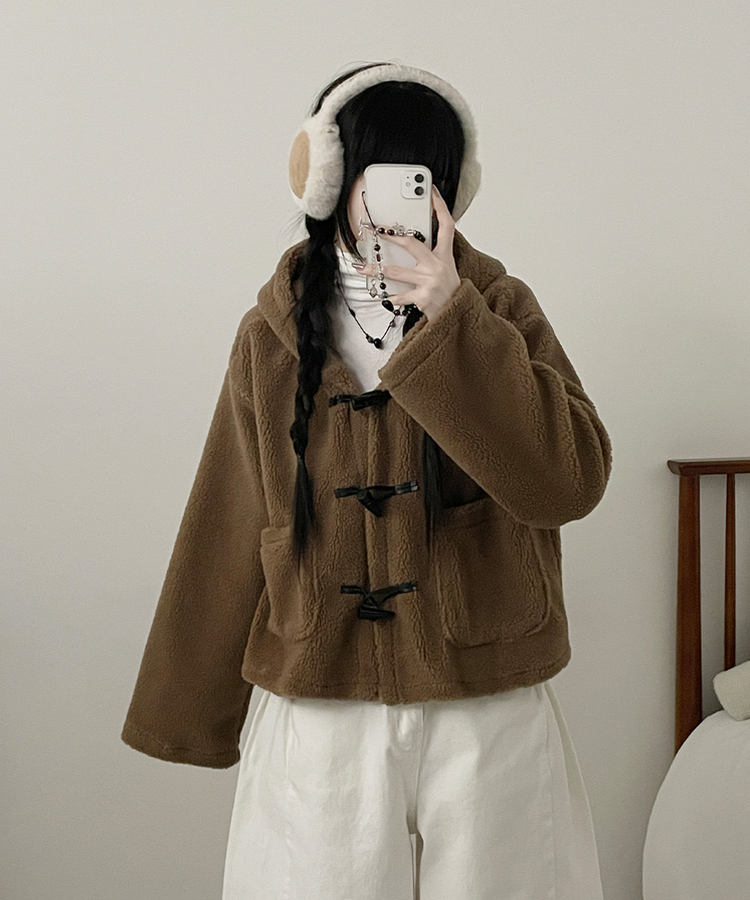 베이글양털뽀글이떡볶이후드무스탕숏자켓점퍼 베이지