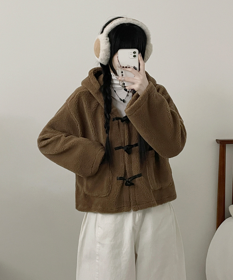 베이글양털뽀글이떡볶이후드무스탕숏자켓점퍼 베이지