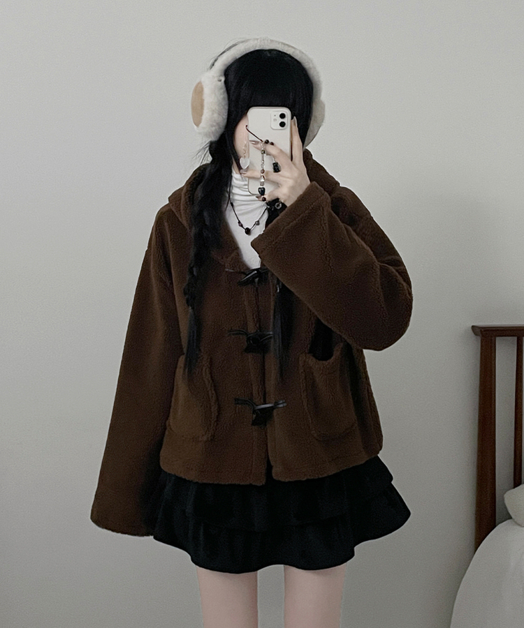 베이글양털뽀글이떡볶이후드무스탕숏자켓점퍼 브라운