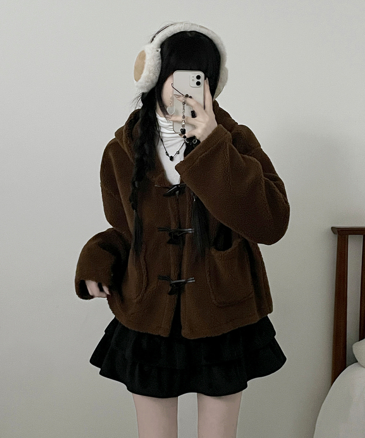 베이글양털뽀글이떡볶이후드무스탕숏자켓점퍼 브라운