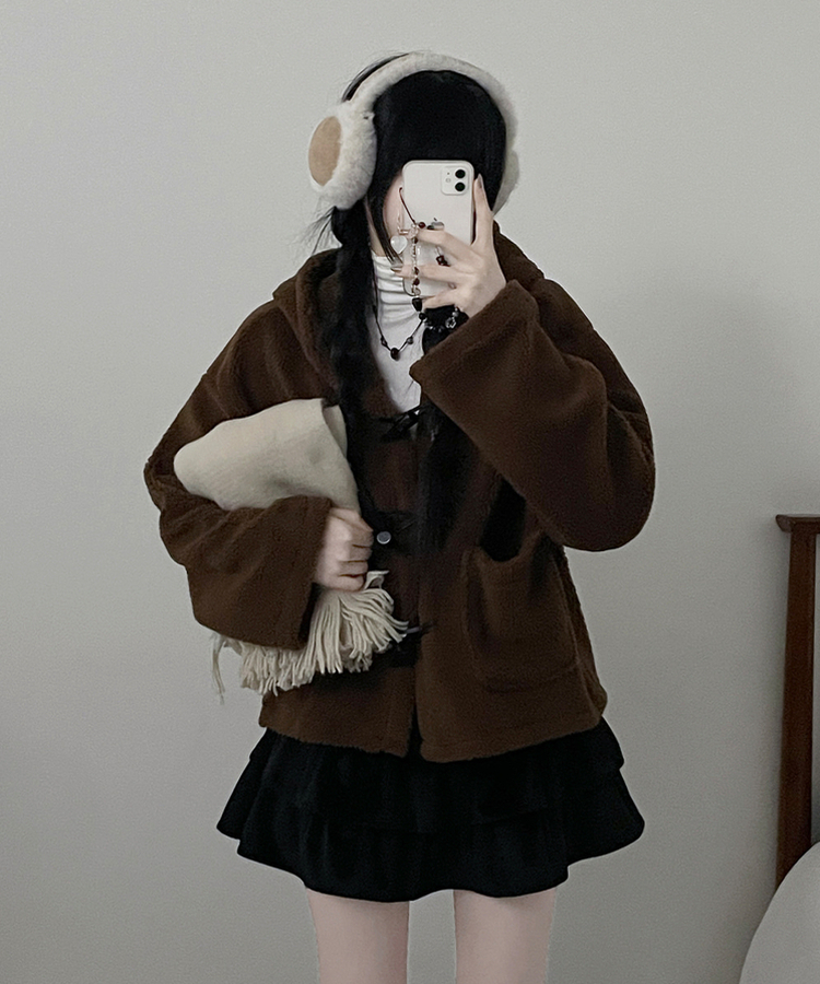 베이글양털뽀글이떡볶이후드무스탕숏자켓점퍼 브라운