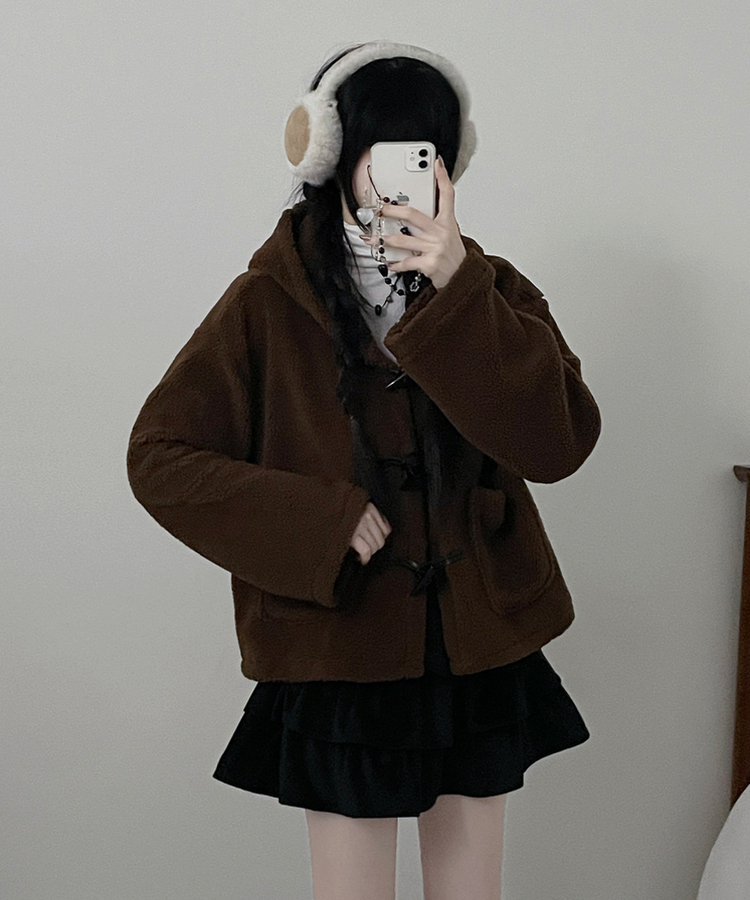 베이글양털뽀글이떡볶이후드무스탕숏자켓점퍼 브라운