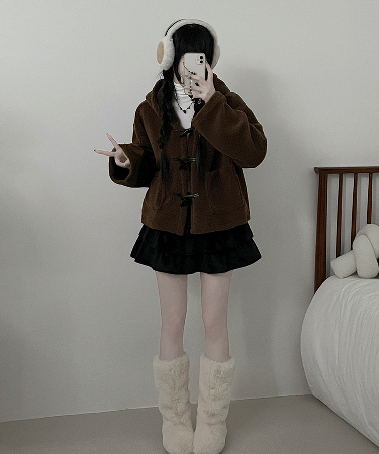 베이글양털뽀글이떡볶이후드무스탕숏자켓점퍼 브라운