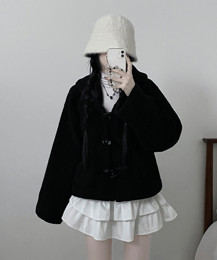 베이글양털뽀글이떡볶이후드무스탕숏자켓점퍼 블랙