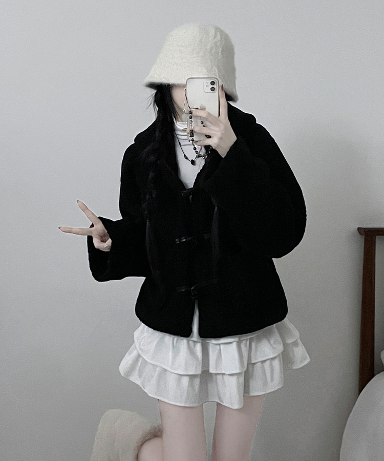 베이글양털뽀글이떡볶이후드무스탕숏자켓점퍼 블랙