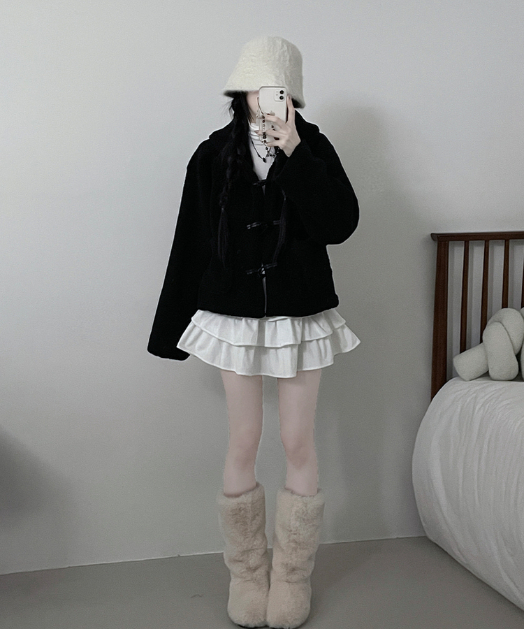 베이글양털뽀글이떡볶이후드무스탕숏자켓점퍼 블랙