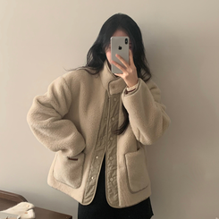 버터 플리스 양털 가죽패치 오버핏 덤블 배색 점퍼 자켓 아이보리