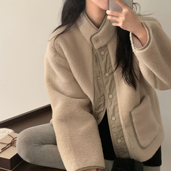 버터 플리스 양털 가죽패치 오버핏 덤블 배색 점퍼 자켓 아이보리