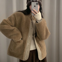 버터 플리스 양털 가죽패치 오버핏 덤블 배색 점퍼 자켓 베이지