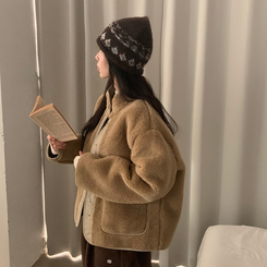 버터 플리스 양털 가죽패치 오버핏 덤블 배색 점퍼 자켓 베이지